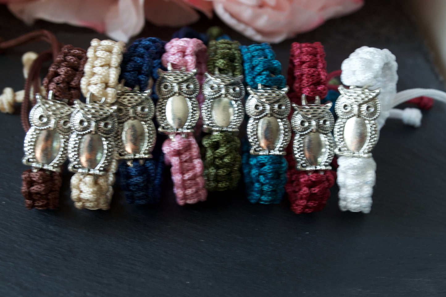 Macrame Bracelet, Owl Charm. Friendship Accessories. Gift for friends. Choice of Various Colours. Wisdom Owl Jewelry Charm.