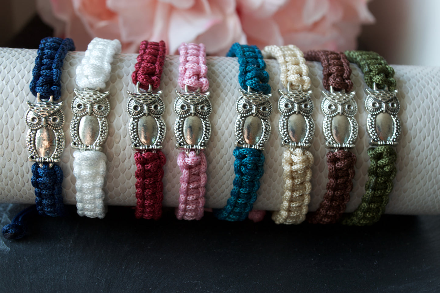 Macrame Bracelet, Owl Charm. Friendship Accessories. Gift for friends. Choice of Various Colours. Wisdom Owl Jewelry Charm.