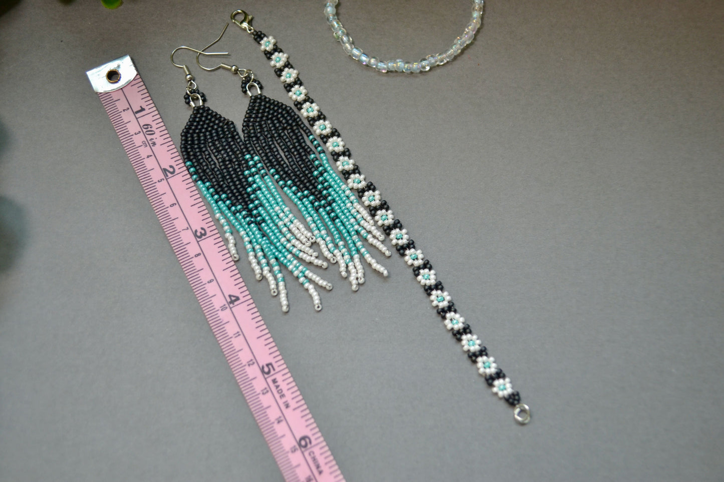 Tassel / Fringe earrings, beaded drop style, statement earrings, daisy seed flower bracelet by Gigi's