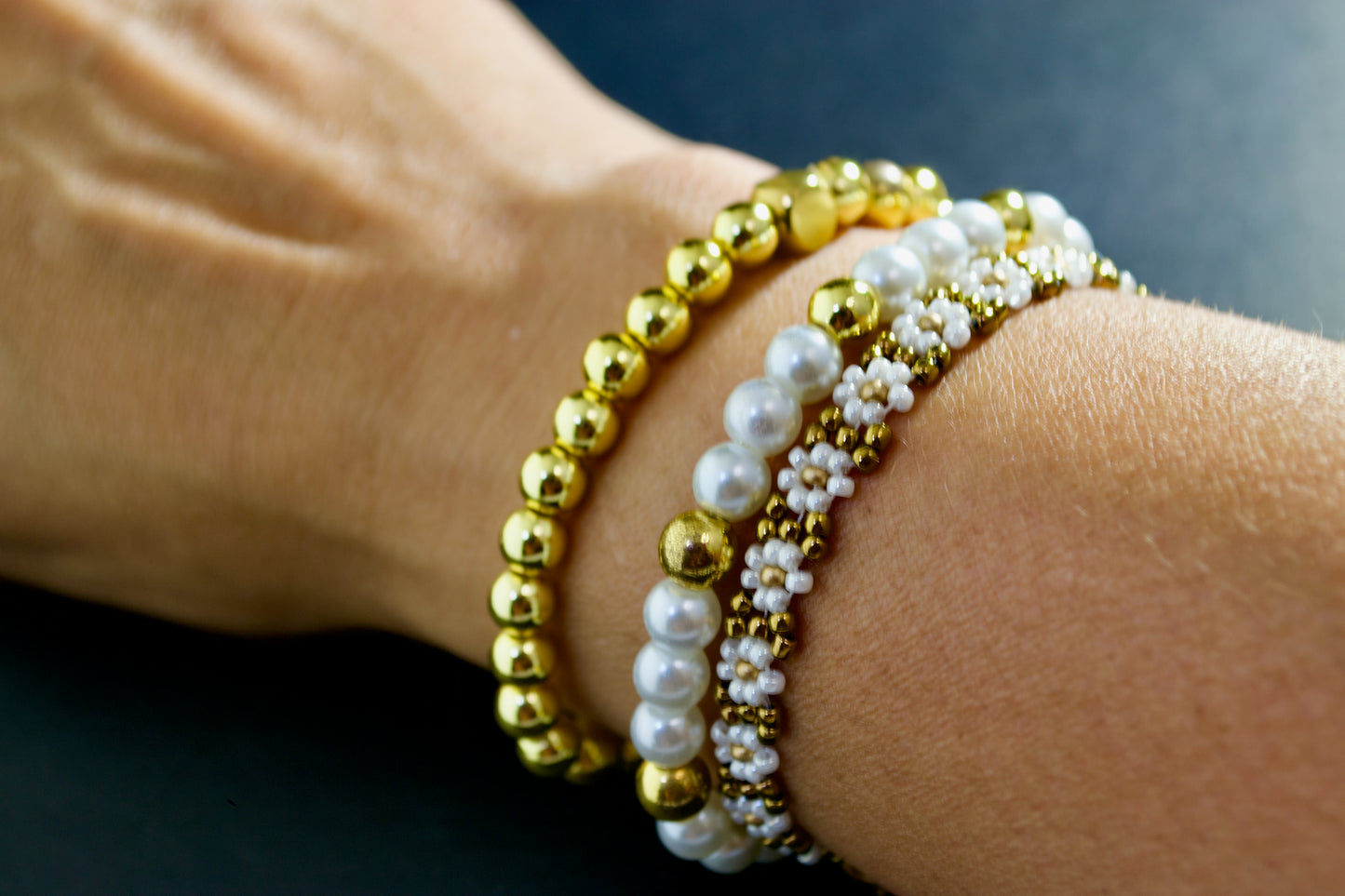 Charming Gold White Pearl Daisy Bracelet 3-Piece Set, Personalized Letter Charm or Smiley Face Charm, Great Gift Idea for her. Stackable. Gigis Charms