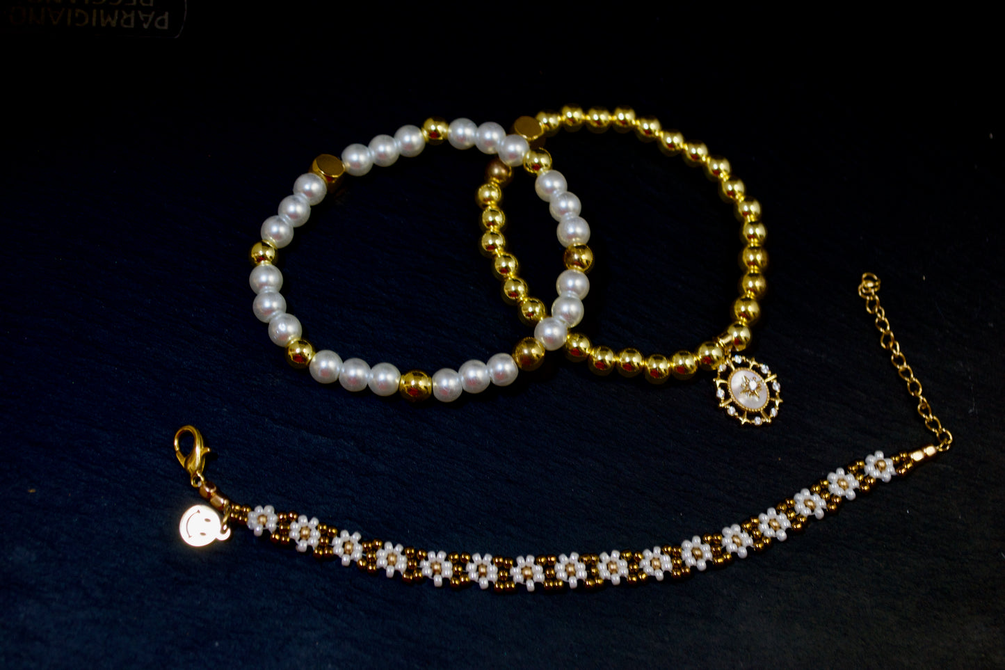 Charming Gold White Pearl Daisy Bracelet 3-Piece Set, Personalized Letter Charm or Smiley Face Charm, Great Gift Idea for her. Stackable. Gigis Charms