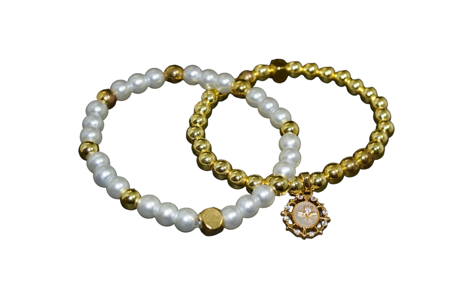 Charming Gold White Pearl Daisy Bracelet 3-Piece Set, Personalized Letter Charm or Smiley Face Charm, Great Gift Idea for her. Stackable. Gigis Charms