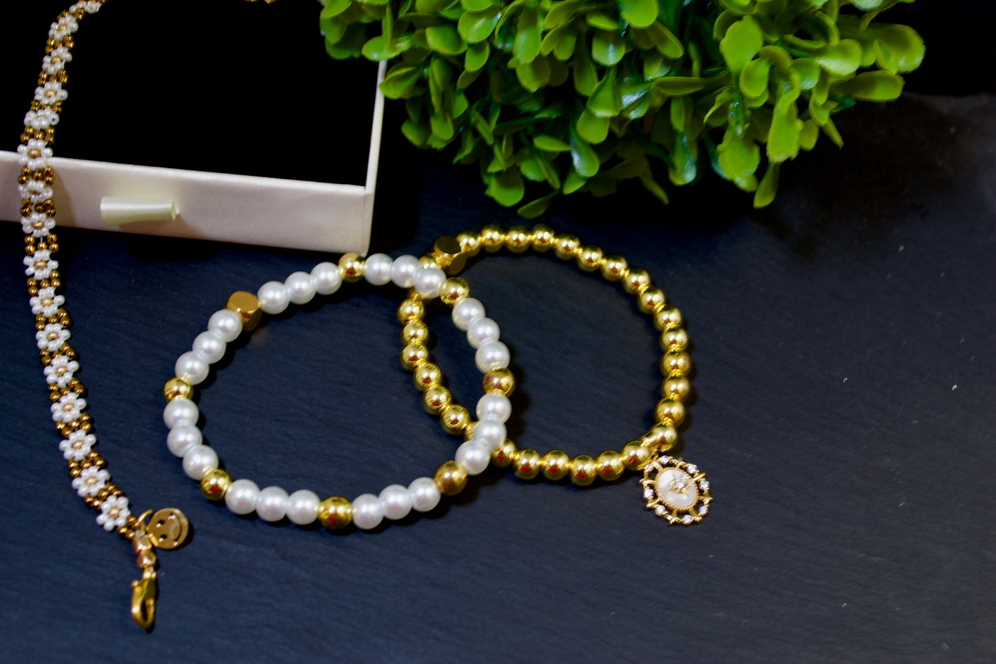 Charming Gold White Pearl Daisy Bracelet 3-Piece Set, Personalized Letter Charm or Smiley Face Charm, Great Gift Idea for her. Stackable. Gigis Charms