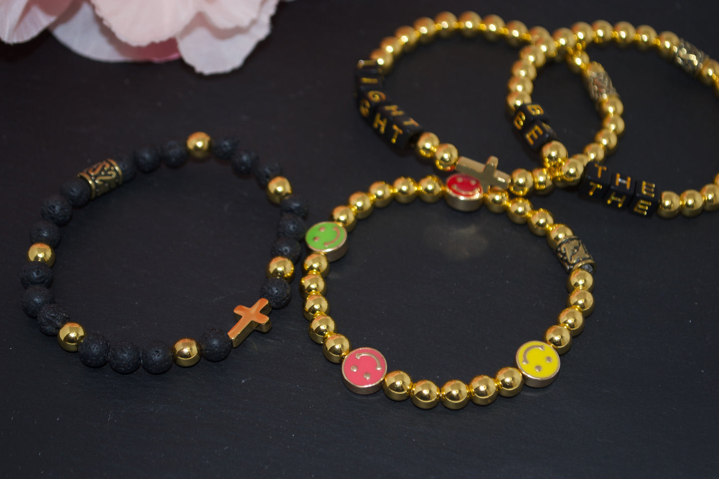 Personalized, Custom Word, beaded bracelet square letter. Elastic / stackable black/gold and gold/beige theme.