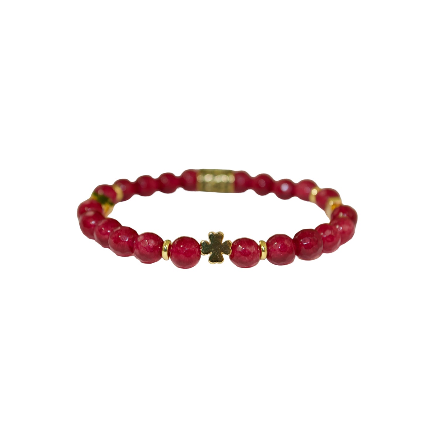 .❤️ Pulsera de Ágata Facetada Roja con Separadores de Trébol de Cuatro Hojas en Oro. Diseño elegante, gran regalo bien pensado para ella. Piedras preciosas naturales. Gigi
