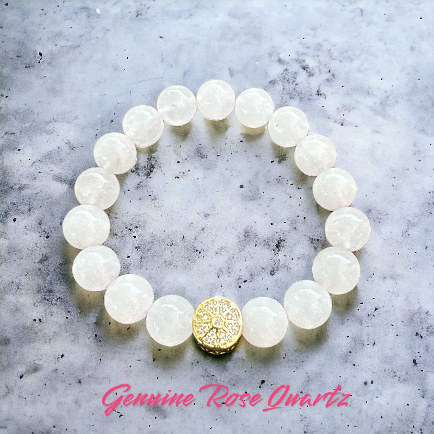 Rose Quartz Bracelet with Gold-Plated Spacer and Pave Cubic Zirconia, 10mm Beads