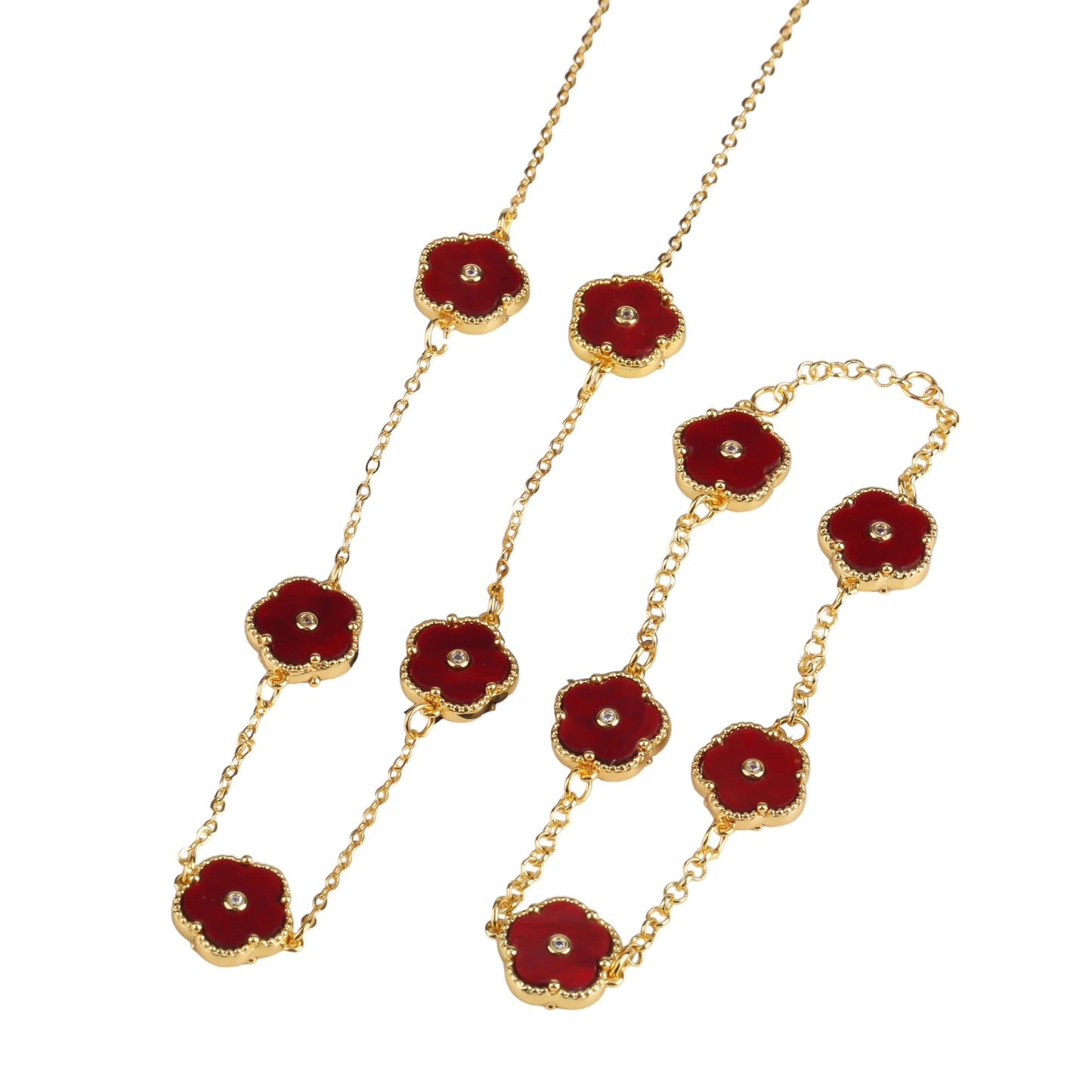 Necklace, Bracelet set. Trendy Style, Flower Charms - Red / Gold & Black / Gold. Adjustable length