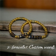 Personalized, Custom Word, beaded bracelet square letter. Elastic / stackable black/gold and gold/beige theme.