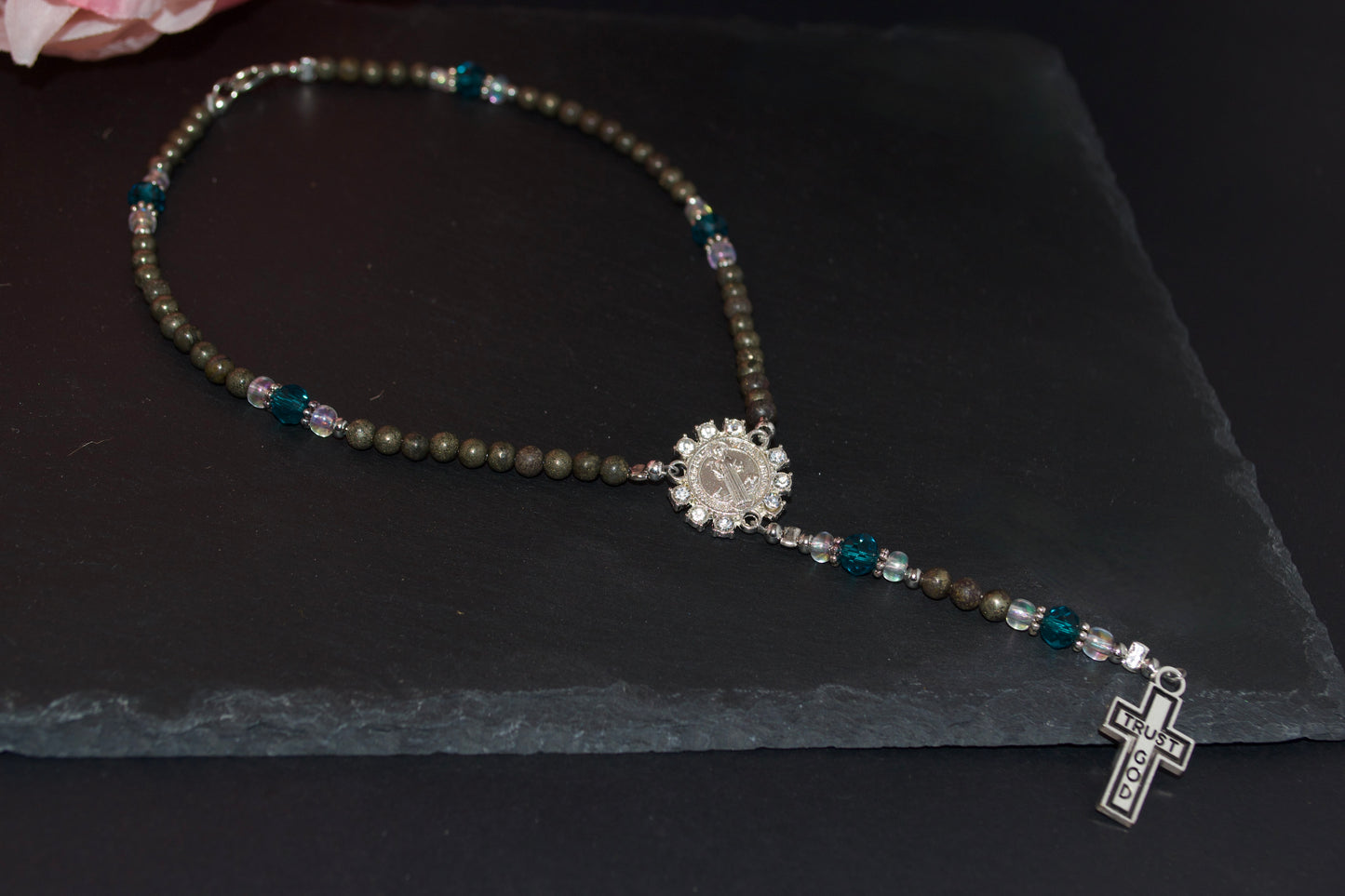 Rosary Charm for Rearview Mirror in your Car. Lobster Clasp, fits standard size mirrors