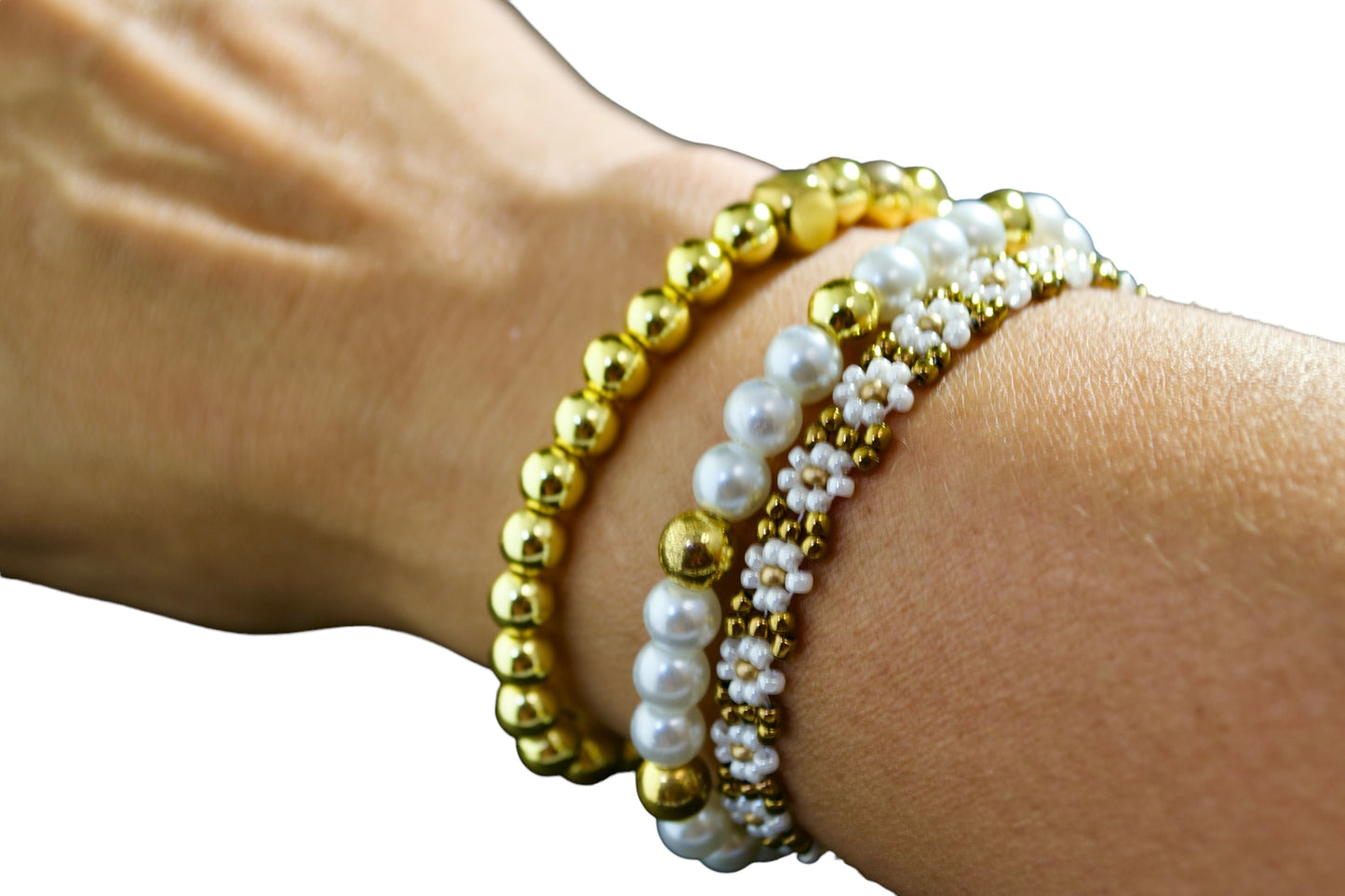 Charming Gold  White Pearl Daisy Bracelet 3-Piece Set, Personalized Letter Charm or Smiley Face Charm, Great Gift Idea for her. Stackable. Gigis Charms