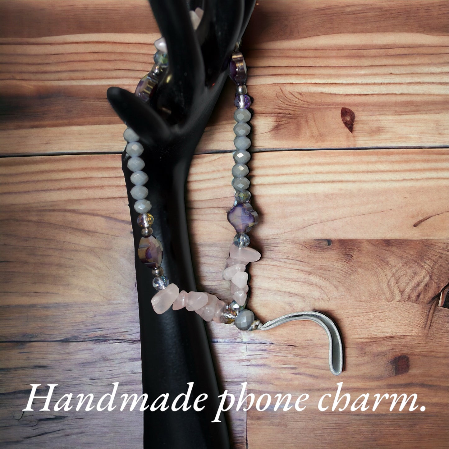 Phone Charm Strap, Natural Stone Beads, Pink Quartz Rhodonite.