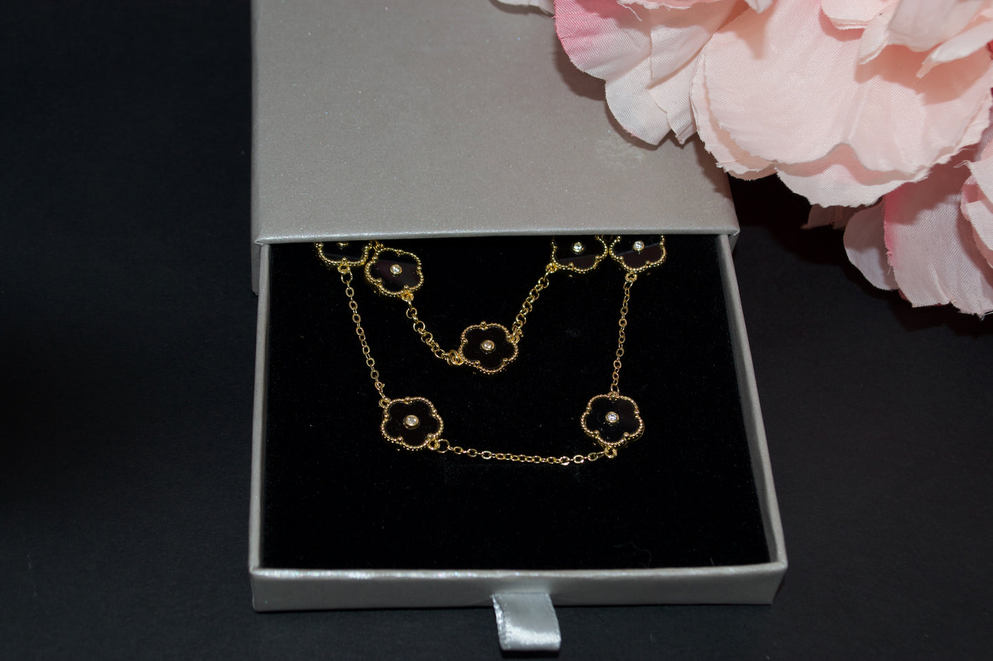 Necklace, Bracelet set. Trendy Style, Flower Charms - Red / Gold & Black / Gold. Adjustable length