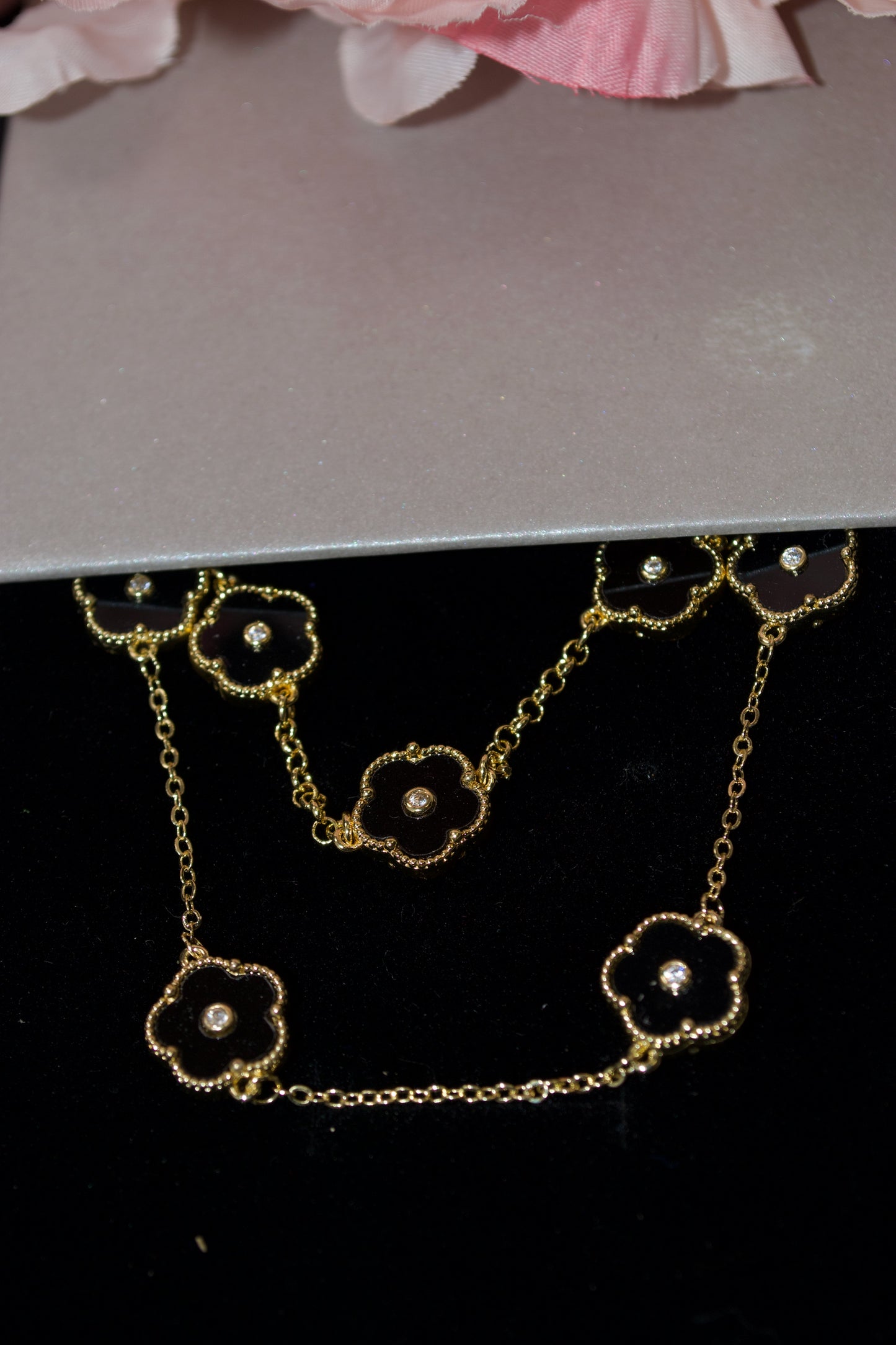 Necklace, Bracelet set. Trendy Style, Flower Charms - Red / Gold & Black / Gold. Adjustable length