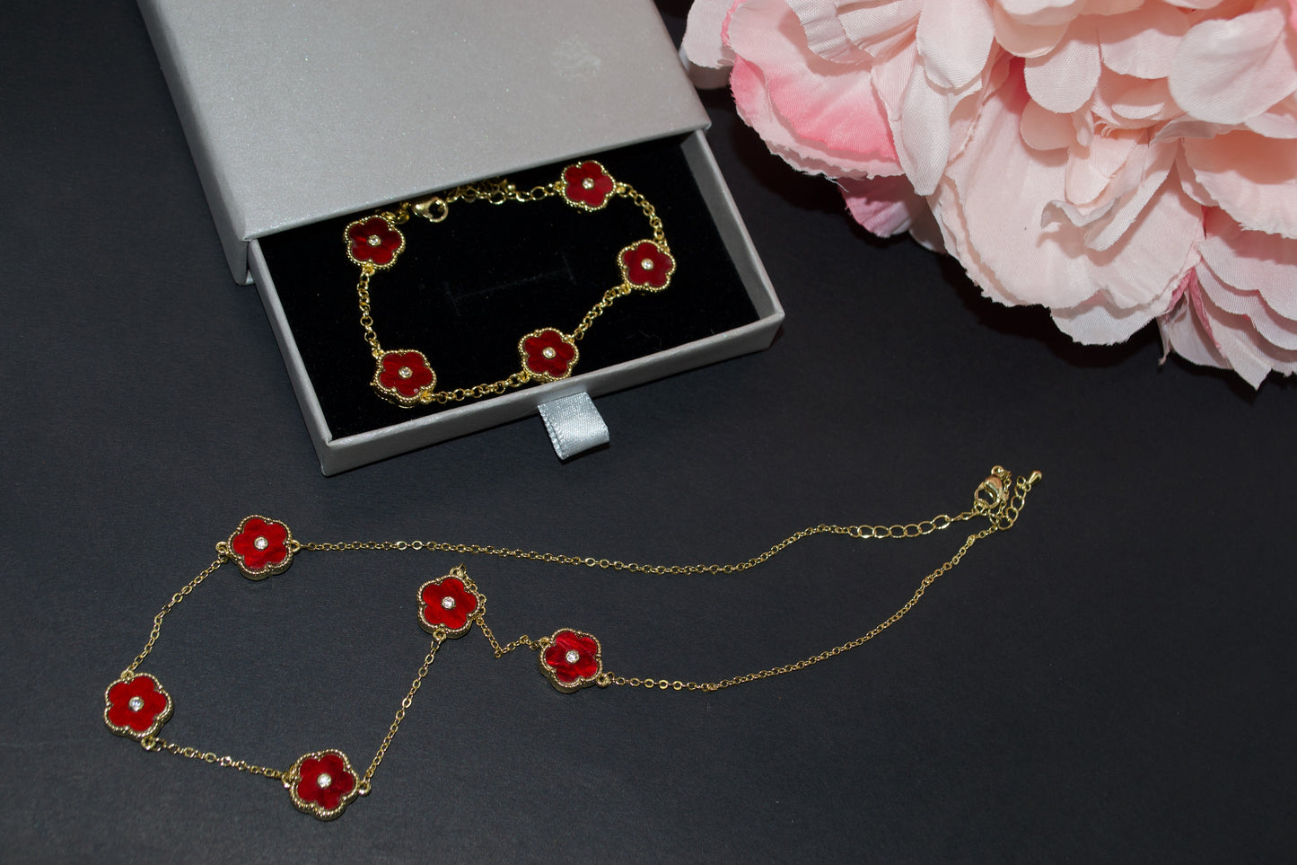 Necklace, Bracelet set. Trendy Style, Flower Charms - Red / Gold & Black / Gold. Adjustable length