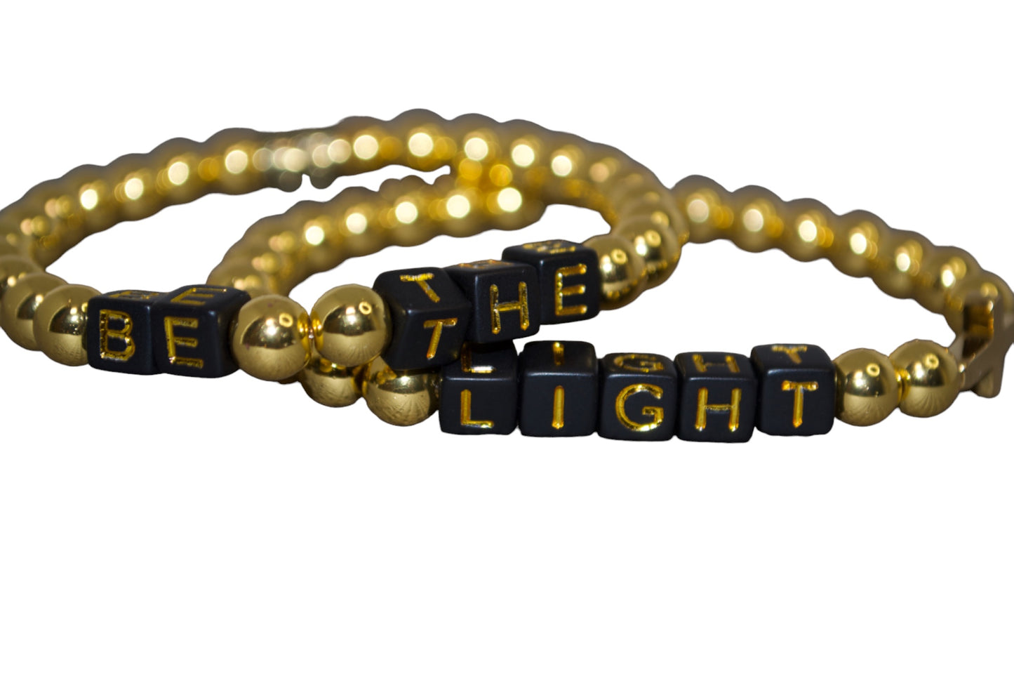 Personalized, Custom Word, beaded bracelet square letter. Elastic / stackable black/gold and gold/beige theme.