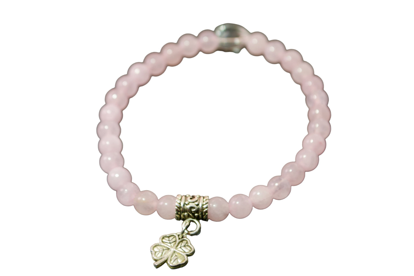 El abrazo del amor: pulsera hecha a mano con cordón elástico de 6 mm y piedra de cuarzo rosa con lindos dijes y cuentas de vidrio de Gigi's