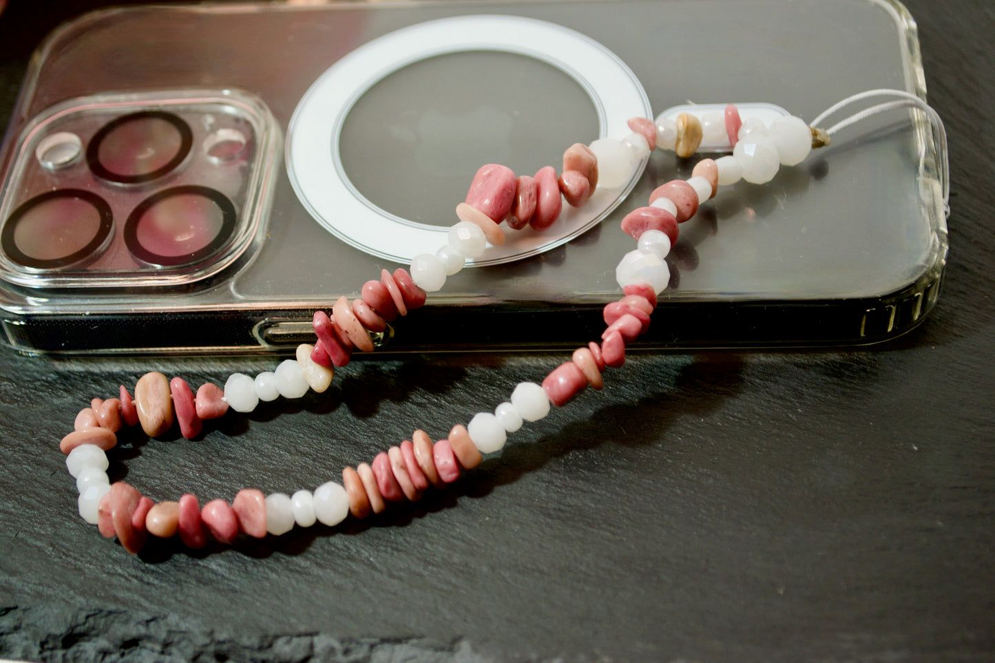 Phone Charm Strap, Natural Stone Beads, Pink Quartz Rhodonite.