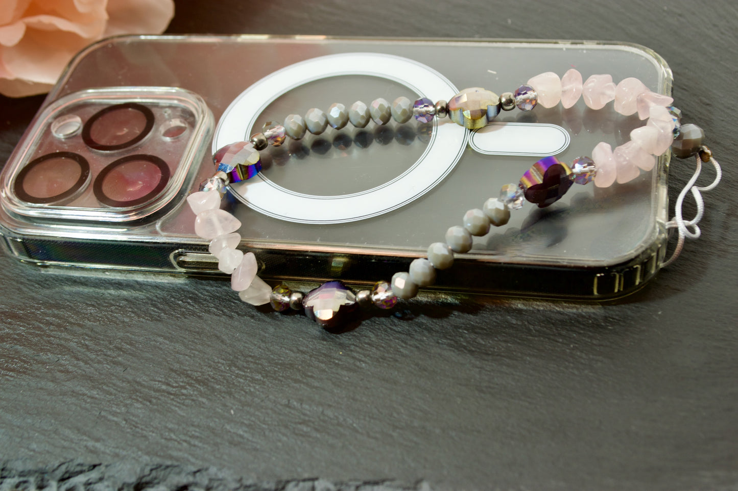 Phone Charm Strap, Natural Stone Beads, Pink Quartz Rhodonite.