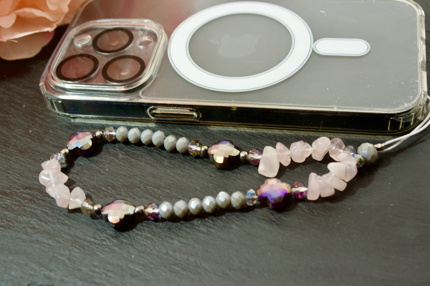 Phone Charm Strap, Natural Stone Beads, Pink Quartz Rhodonite.