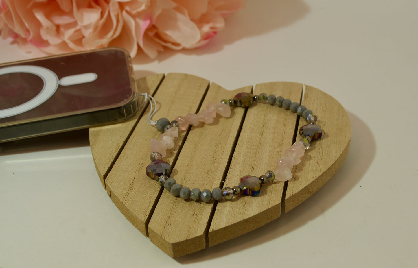 Phone Charm Strap, Natural Stone Beads, Pink Quartz Rhodonite.