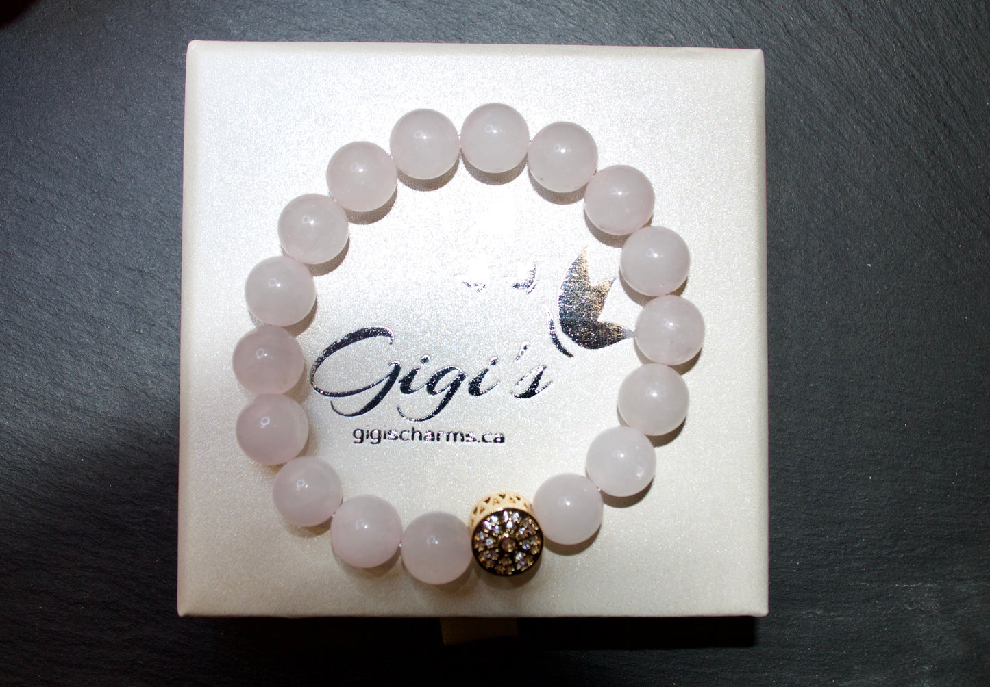 Rose Quartz Bracelet with Gold-Plated Spacer and Pave Cubic Zirconia, 10mm Beads