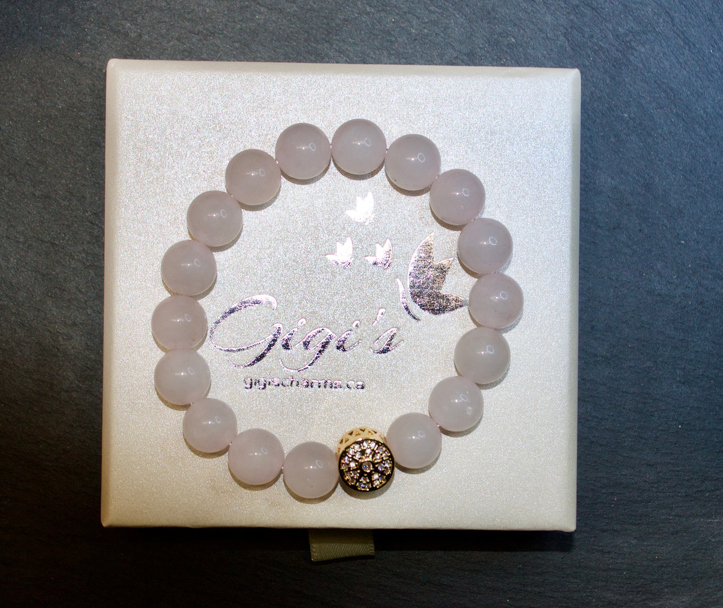 Rose Quartz Bracelet with Gold-Plated Spacer and Pave Cubic Zirconia, 10mm Beads