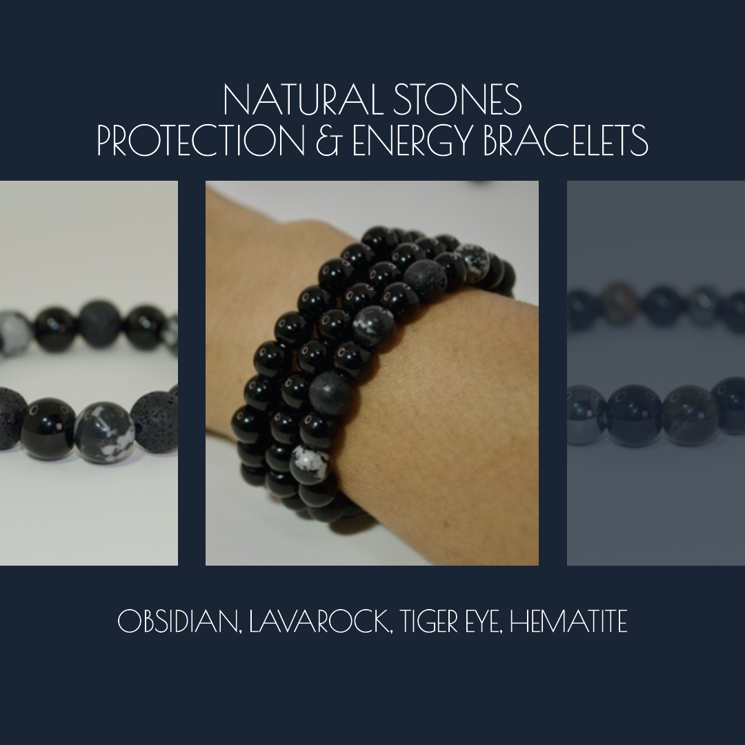 🖤☑️Pulsera de cuentas. Cristales naturales. Protección, Coraje, Energía, Pulsera con Cuentas de Piedra Natural. Ojo de Tigre, Obsidiana Negra, Roca de Lava, Hematites, 8mm. Banda elástica, Piedras preciosas - de Gigi's