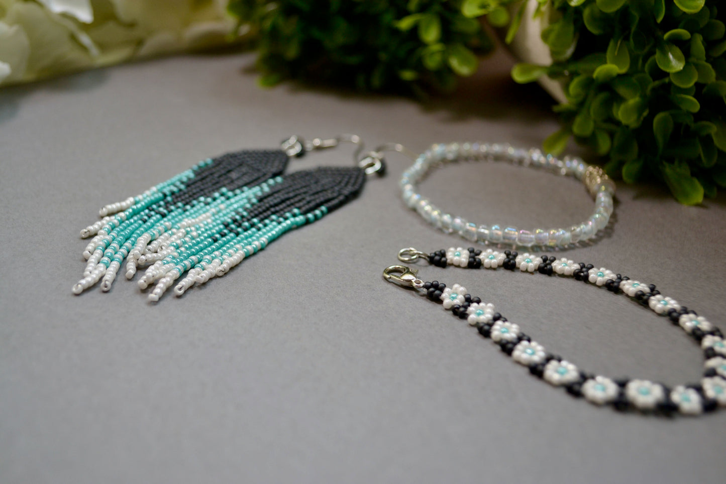 Tassel / Fringe earrings, beaded drop style, statement earrings, daisy seed flower bracelet by Gigi's