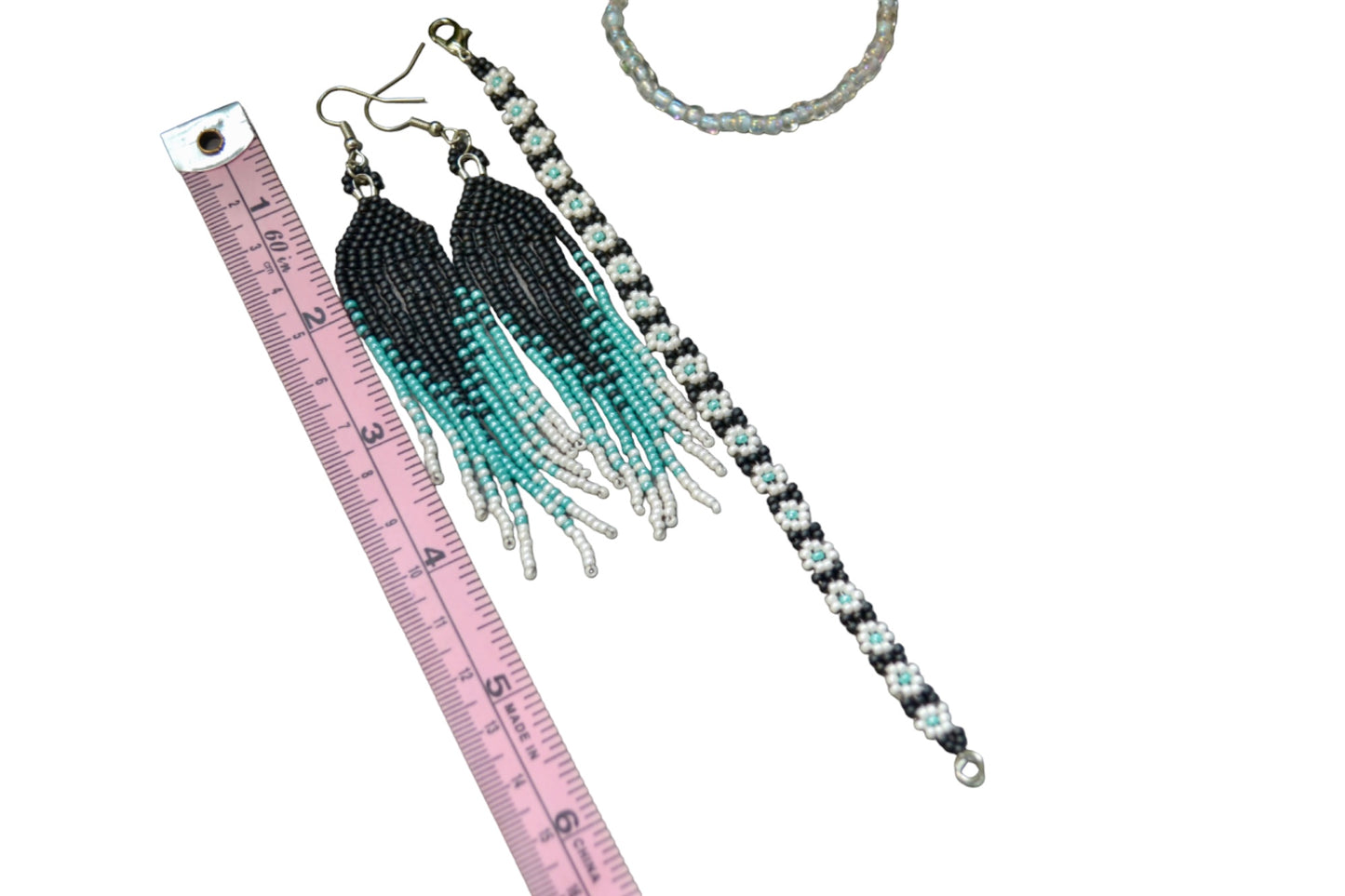 Tassel / Fringe earrings, beaded drop style, statement earrings, daisy seed flower bracelet by Gigi's