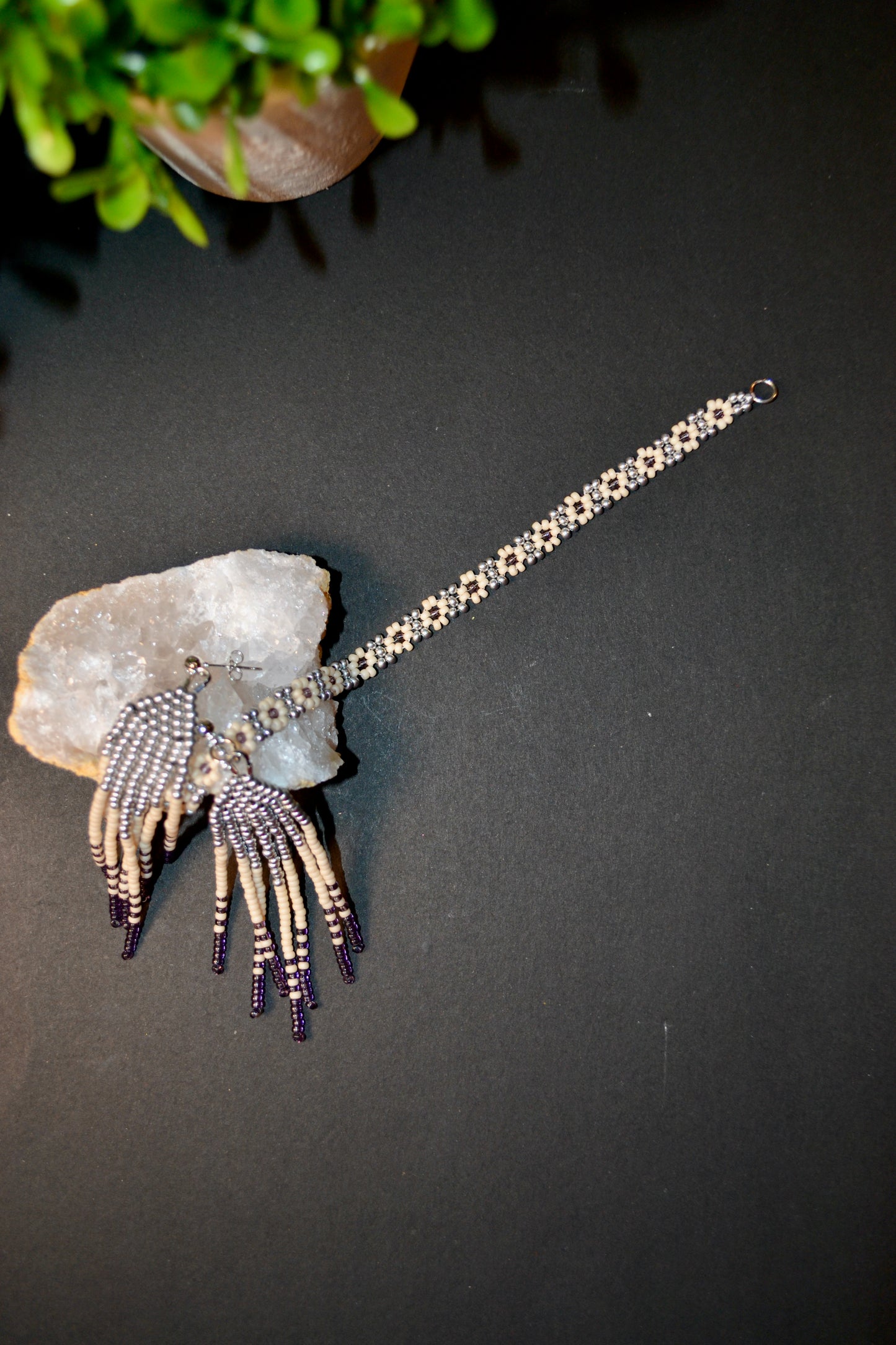 Tassel / Fringe earrings, beaded drop style, statement earrings, daisy seed flower bracelet by Gigi's