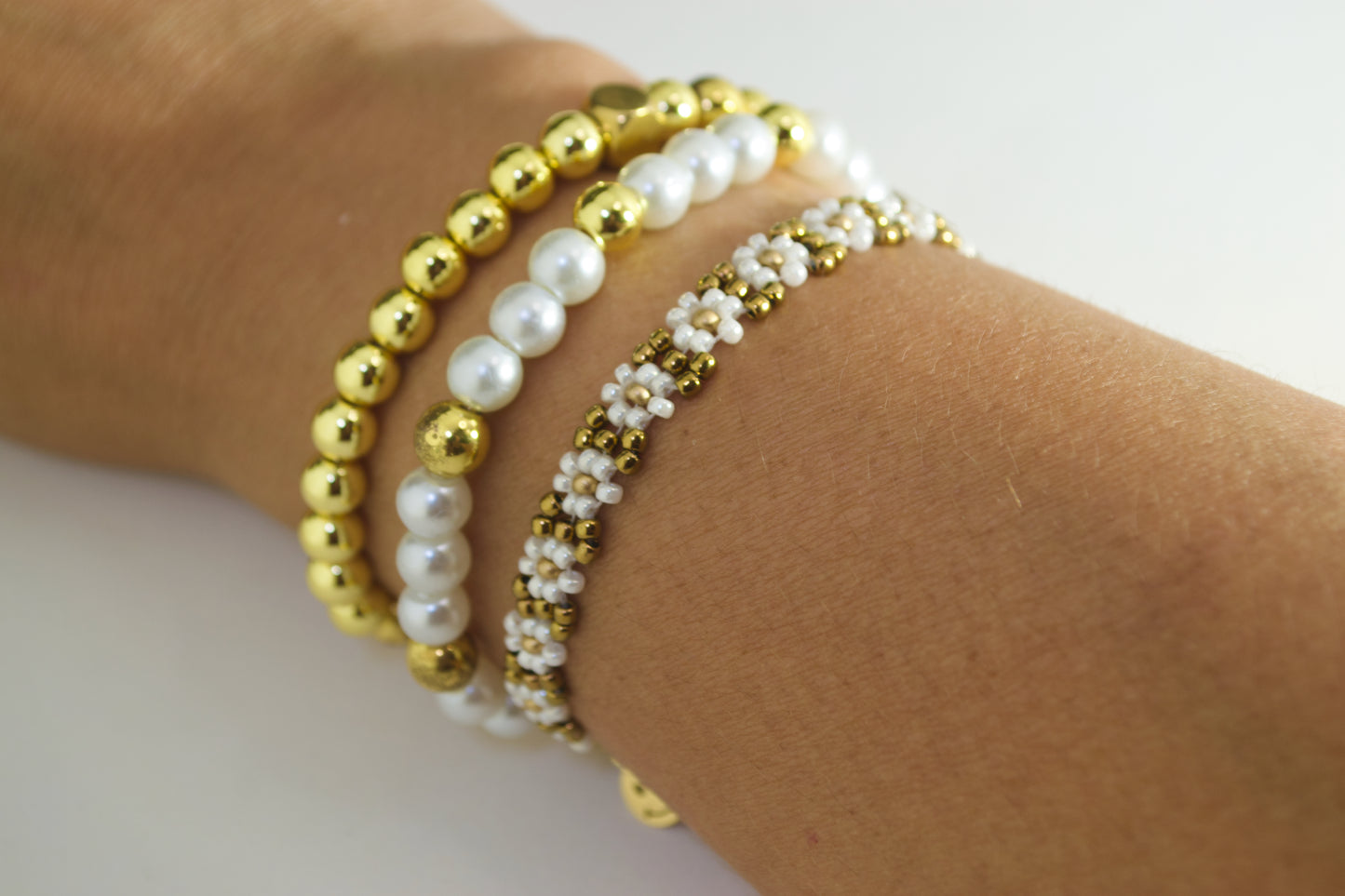 Charming Gold  White Pearl Daisy Bracelet 3-Piece Set, Personalized Letter Charm or Smiley Face Charm, Great Gift Idea for her. Stackable. Gigis Charms