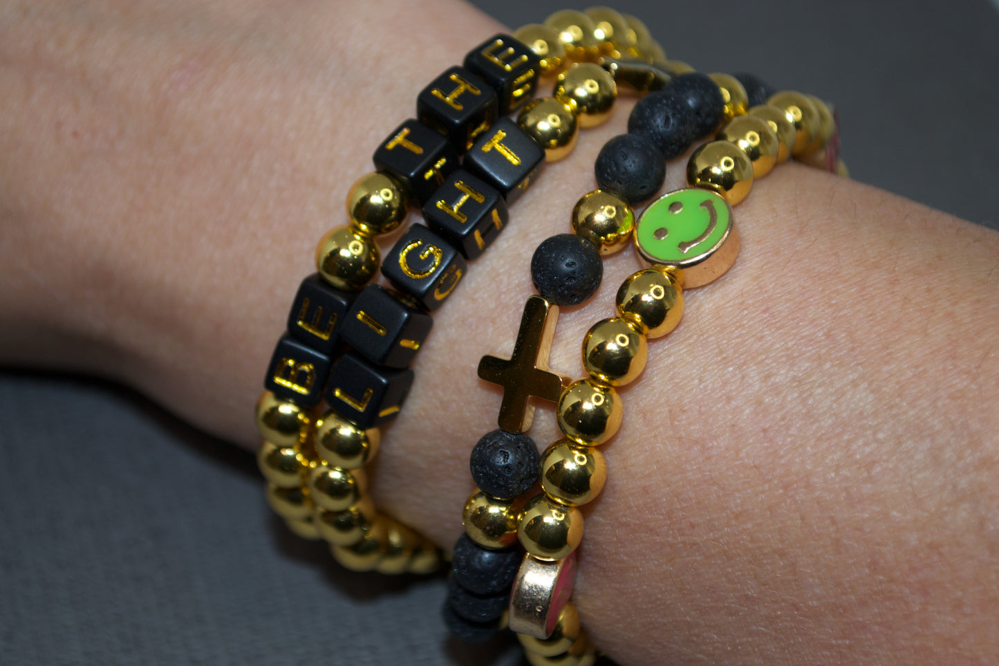 Personalized, Custom Word, beaded bracelet square letter. Elastic / stackable black/gold and gold/beige theme.