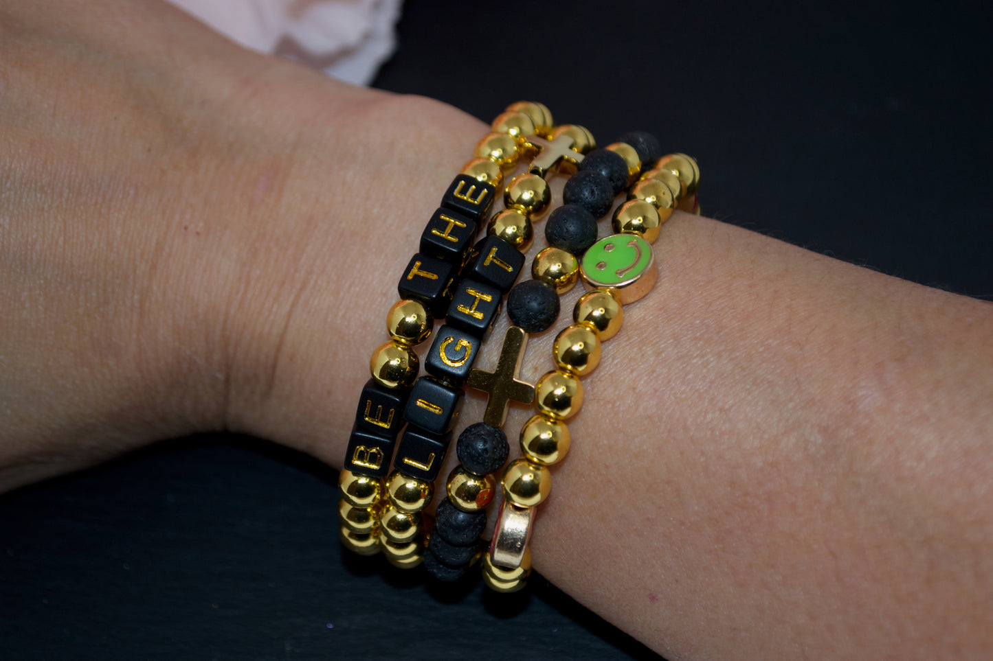 Personalized, Custom Word, beaded bracelet square letter. Elastic / stackable black/gold and gold/beige theme.