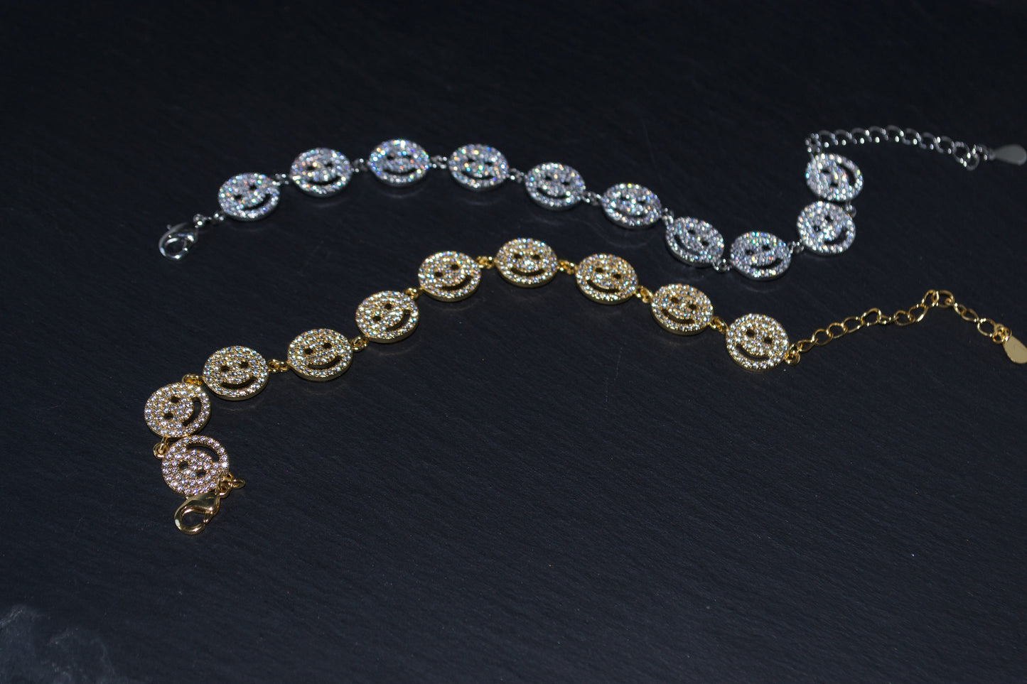 Happy Vibes. Smiley Face, Gold-Plated, Silver Bracelet, Features Cubic Zirconia Detailing. Positive Vibes.  2024 Summer Must-Have Trend. Adjustable, Fashionista