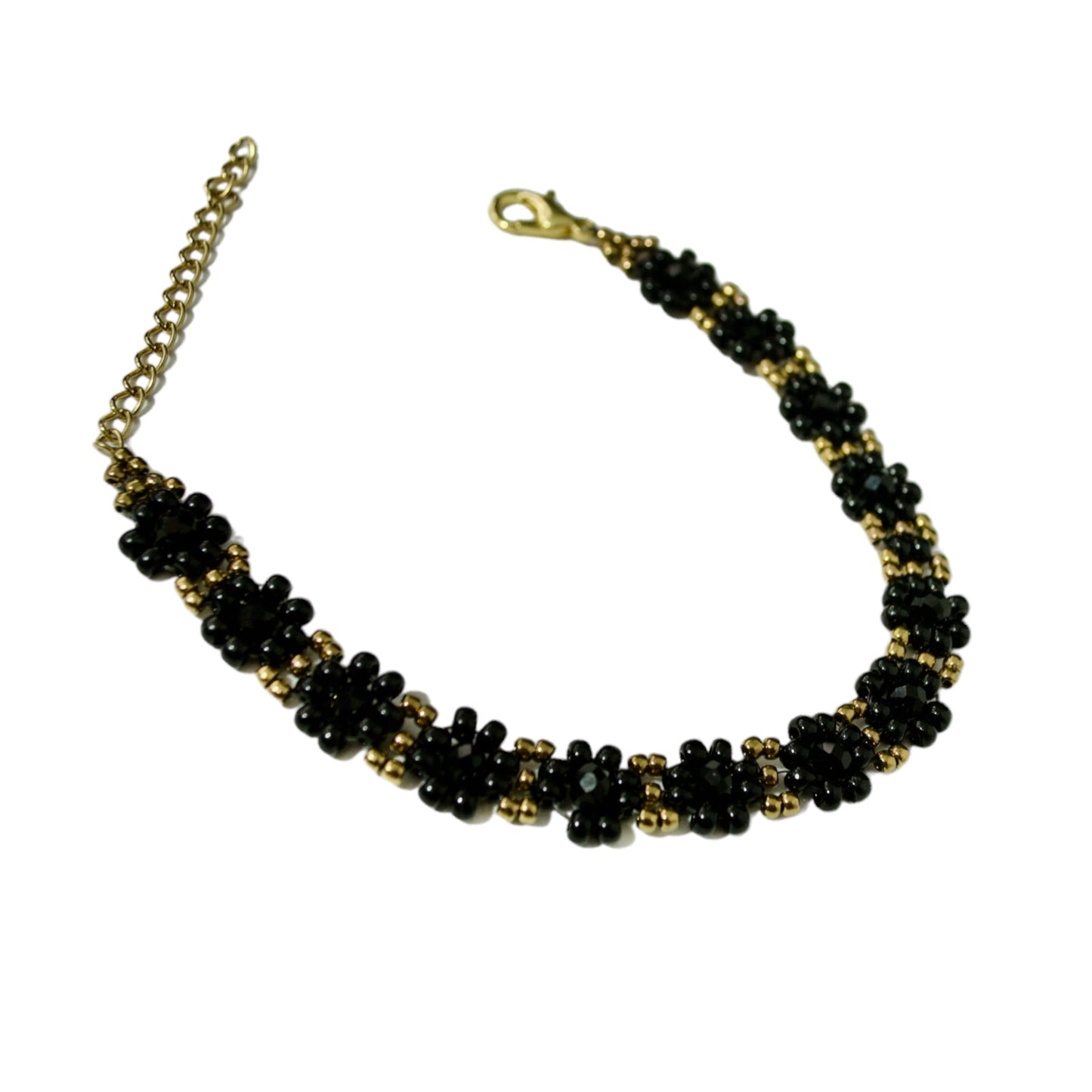 Daisy Flower Bracelet, Black / Gold. Small seed beads. Great Gift for Her. Elegant, Dainty, Light and Adjustable.