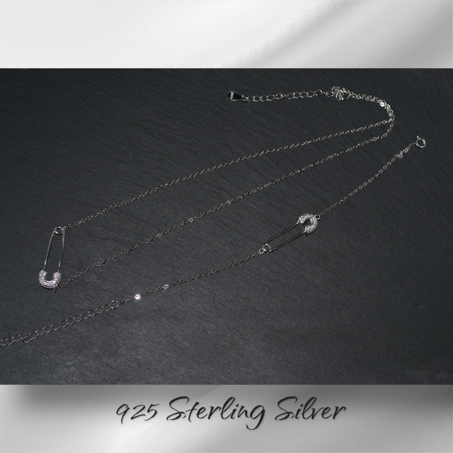 Safety Pin CZ Bracelet Necklace Set. 925 Sterling Silver - Delicate Design for Women and Girls. Gift for her. Everyday Jewelry