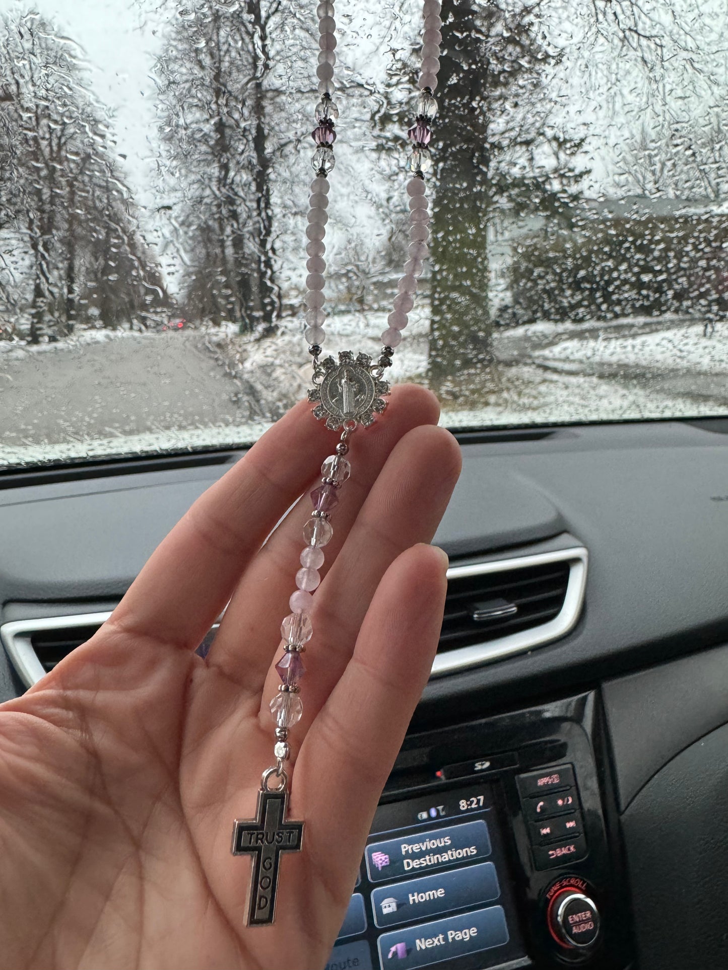 Rosary Charm for Rearview Mirror in your Car. Lobster Clasp, fits standard size mirrors