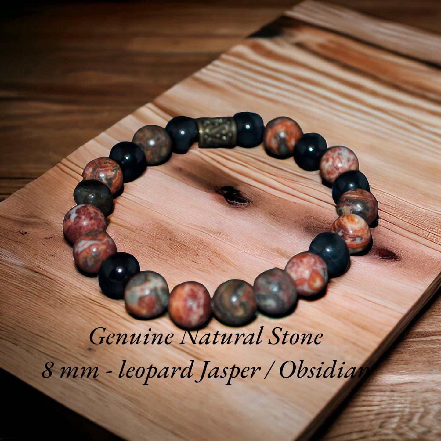 . 🍂Pulsera de piedra natural de jaspe leopardo y obsidiana negra de 8 mm - Elástica y compatible con capas - Tamaños personalizados disponibles por Gigi's