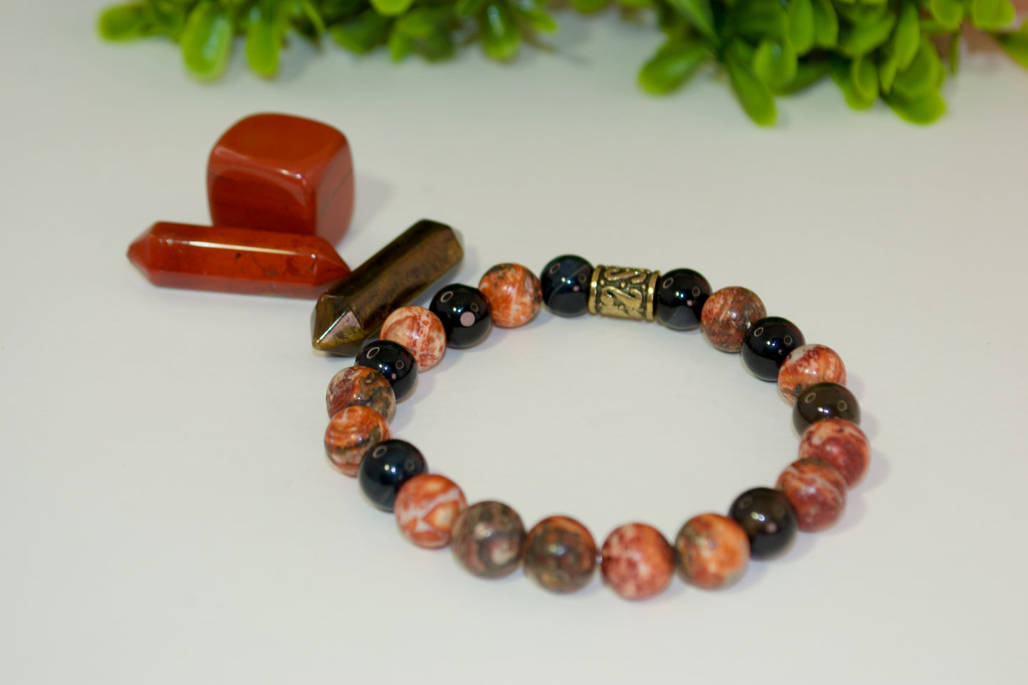 . 🍂Pulsera de piedra natural de jaspe leopardo y obsidiana negra de 8 mm - Elástica y compatible con capas - Tamaños personalizados disponibles por Gigi's