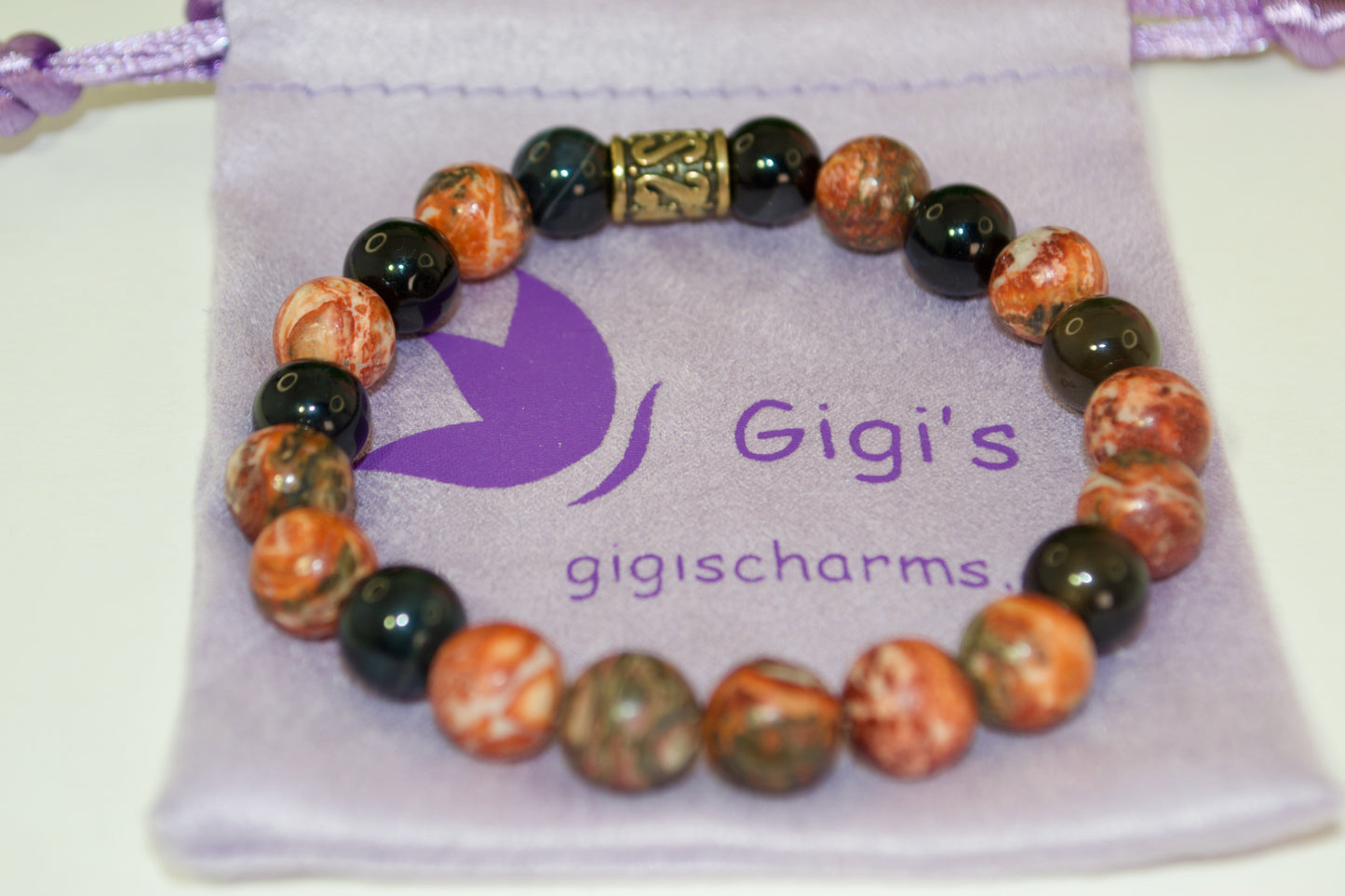 . 🍂Pulsera de piedra natural de jaspe leopardo y obsidiana negra de 8 mm - Elástica y compatible con capas - Tamaños personalizados disponibles por Gigi's