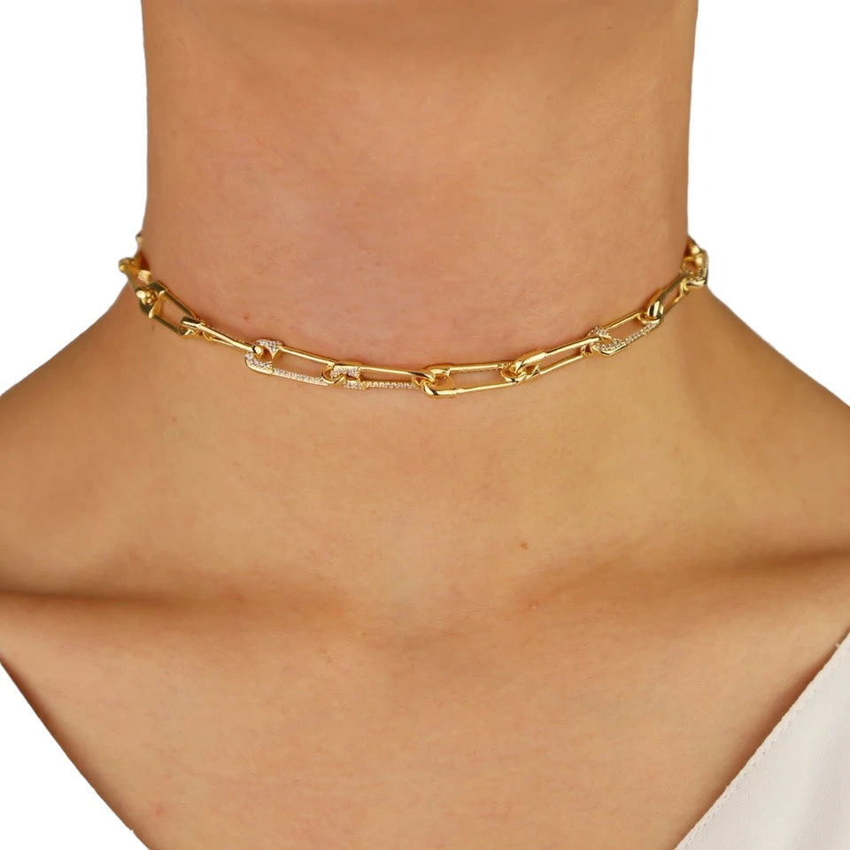 Safety Pin Gold Color with Micro Pave Zirconia, Link Chain 32+8cm, 2024 Trendy Summer Must-Have for Fashionistas.