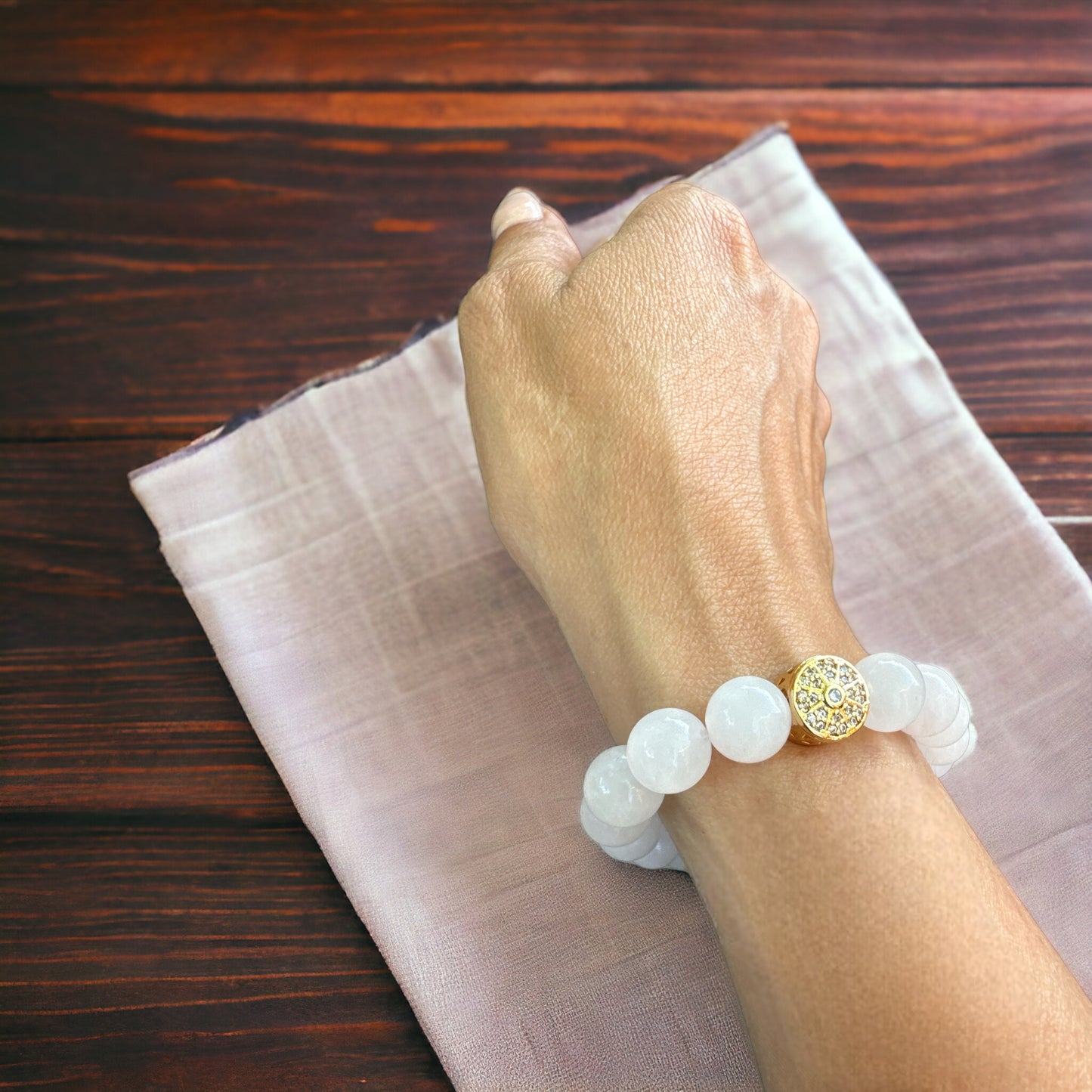Rose Quartz Bracelet with Gold-Plated Spacer and Pave Cubic Zirconia, 10mm Beads