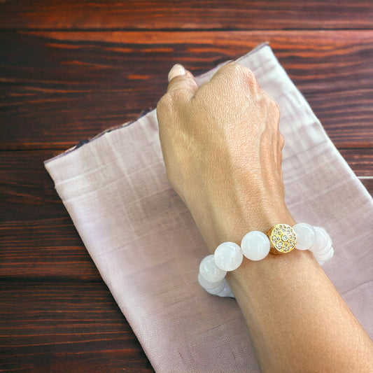 Rose Quartz Bracelet with Gold-Plated Spacer and Pave Cubic Zirconia, 10mm Beads