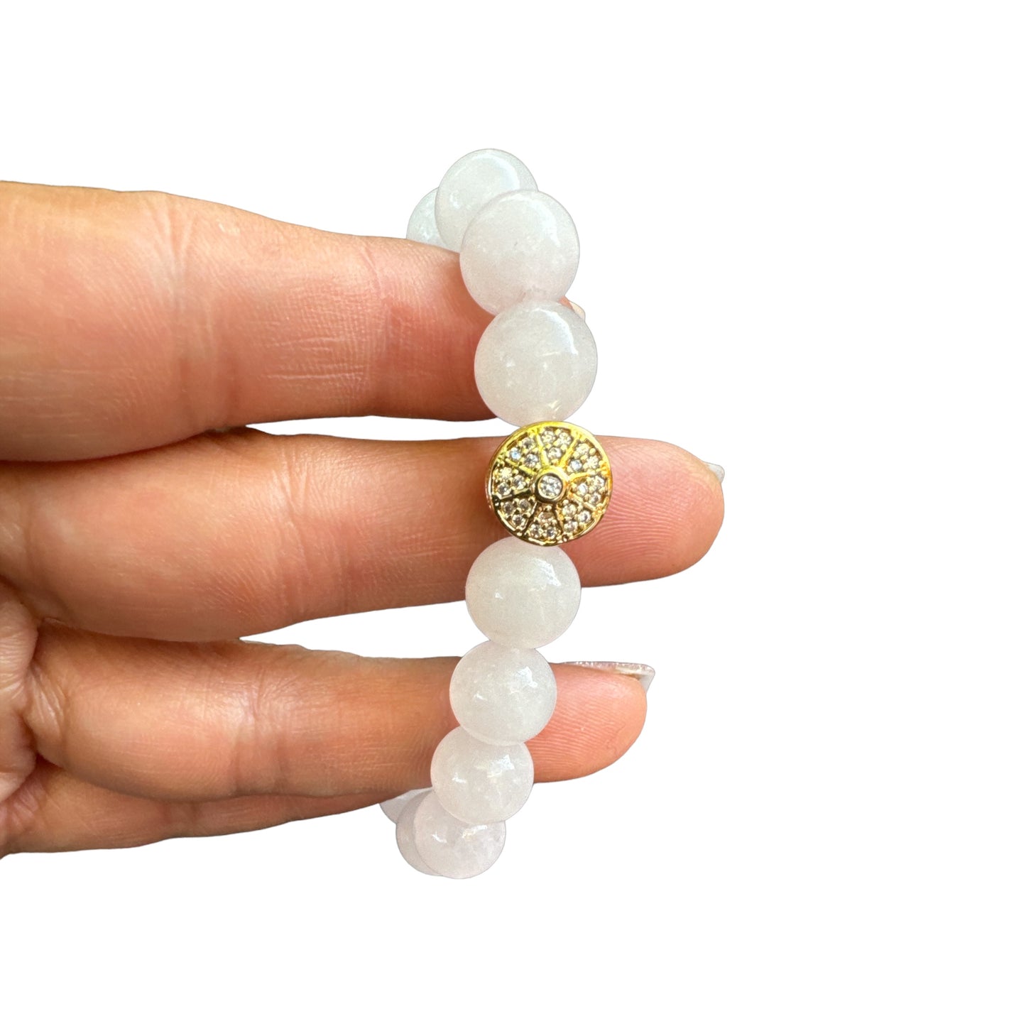 Rose Quartz Bracelet with Gold-Plated Spacer and Pave Cubic Zirconia, 10mm Beads