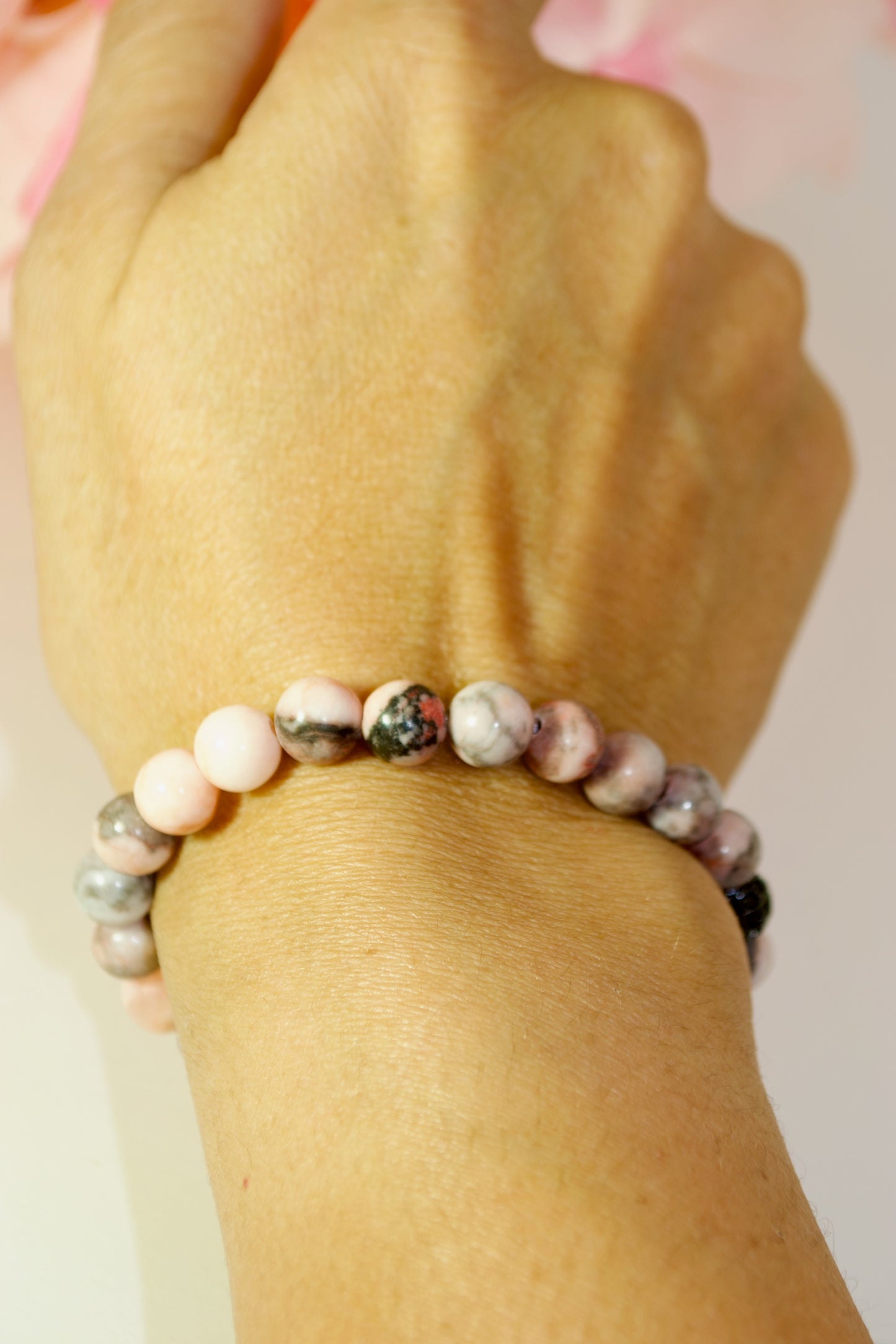 Piedra natural - Pulsera de piedras preciosas con cuentas de rodonita. Tamaño de cuenta de 8 mm.