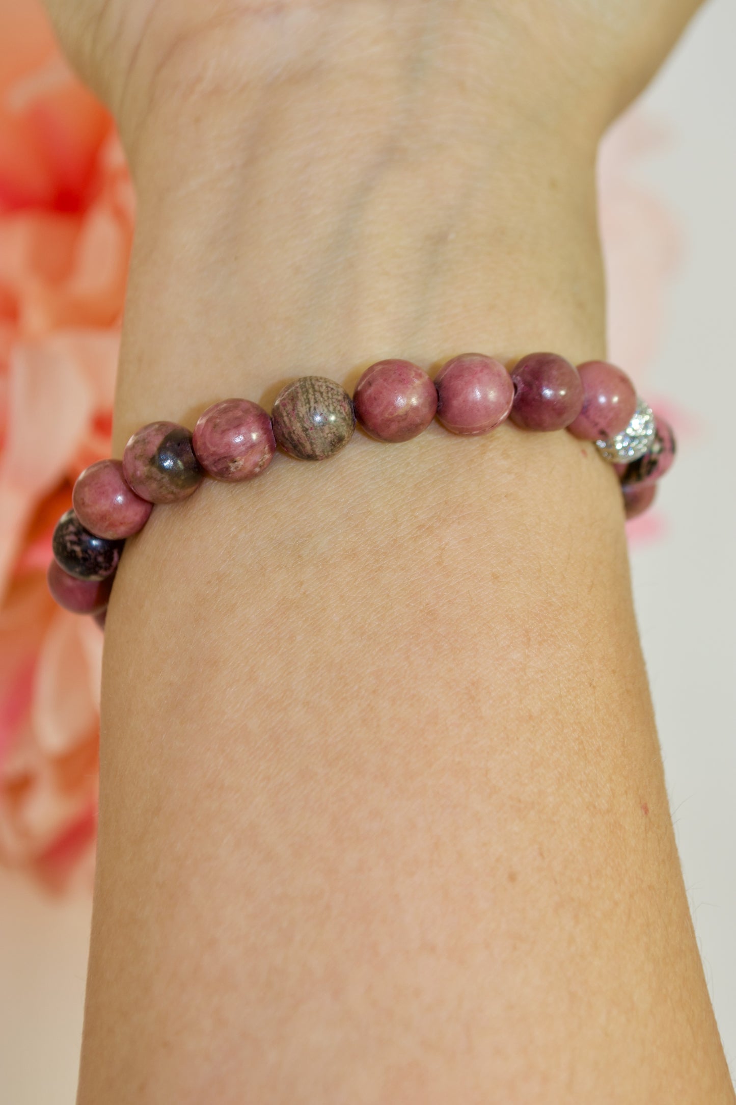 Piedra natural - Pulsera de piedras preciosas con cuentas de rodonita. Tamaño de cuenta de 8 mm.