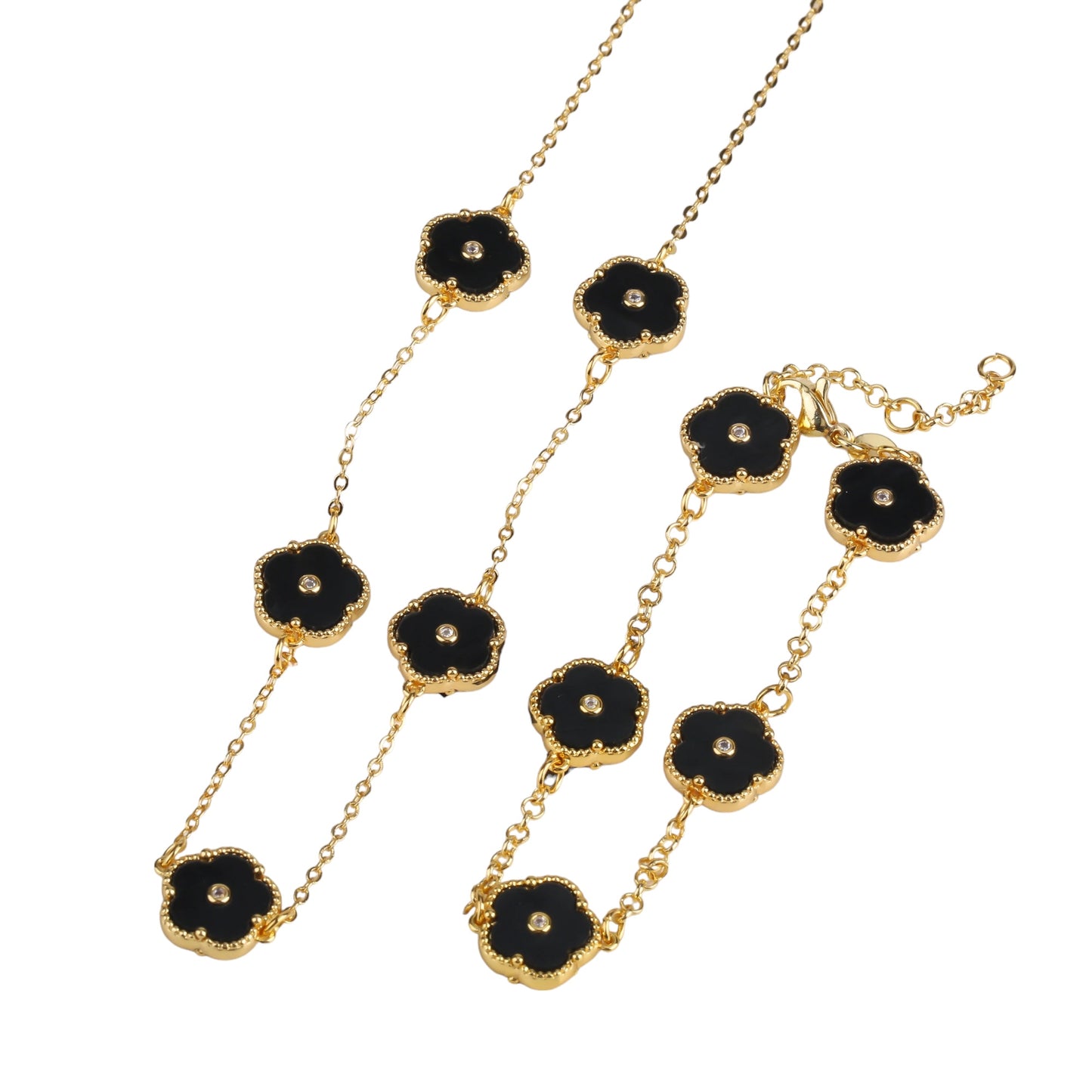 Necklace, Bracelet set. Trendy Style, Flower Charms - Red / Gold & Black / Gold. Adjustable length