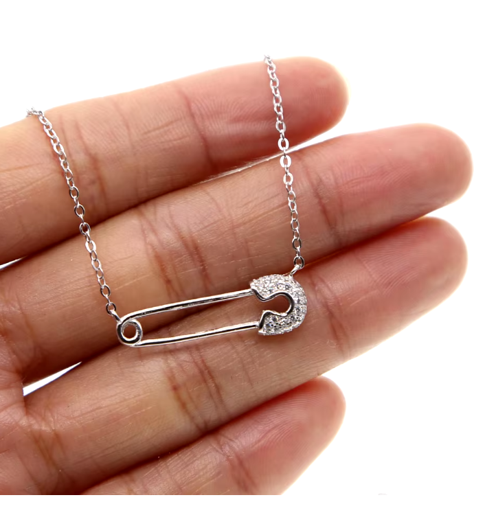 Safety Pin CZ Bracelet Necklace Set. 925 Sterling Silver - Delicate Design for Women and Girls. Gift for her. Everyday Jewelry