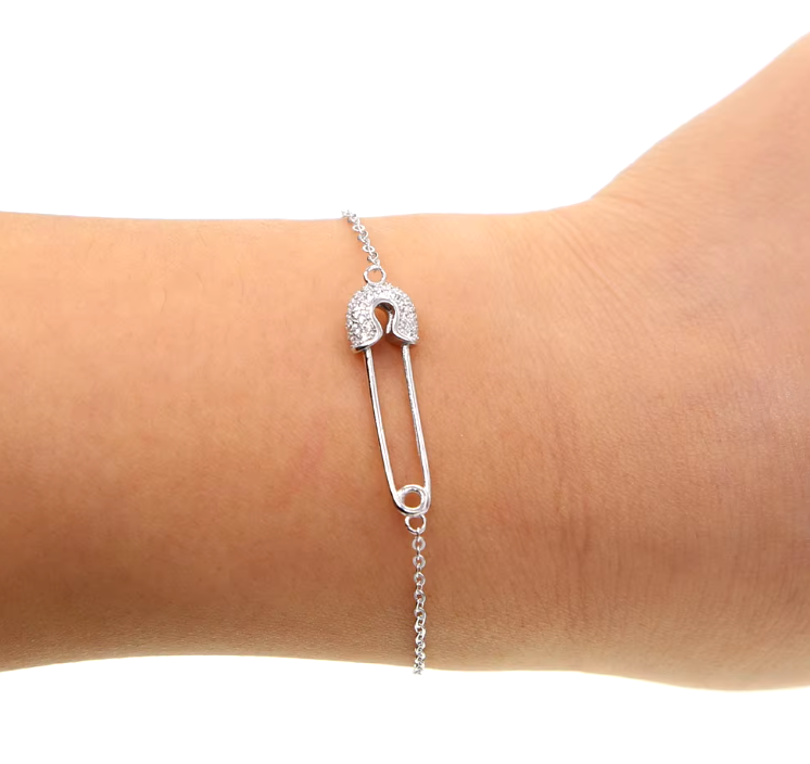 Safety Pin CZ Bracelet Necklace Set. 925 Sterling Silver - Delicate Design for Women and Girls. Gift for her. Everyday Jewelry