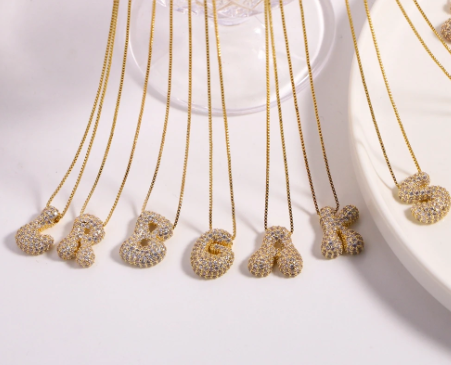 Bubble Letter Necklace with Pave Zirconia Detailing - Customizable Initial - Gold/Silver Color. Gift. layer friendly option